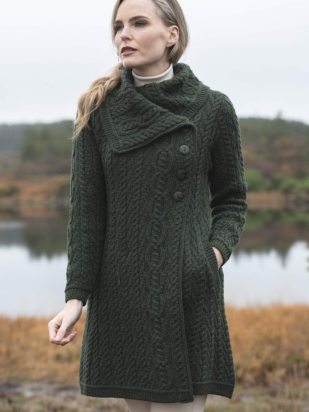 Aran Crafts Collar Sweater Coat‎‎‎ NWT $209 Cable Fisherman Knit Long Cardi L